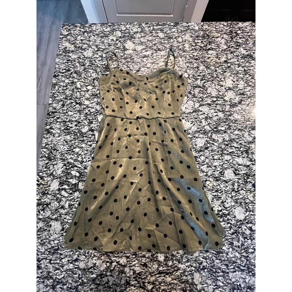 Mi Ami Olive Green Polka Dot Satin Mini Dress Smocked Back XS